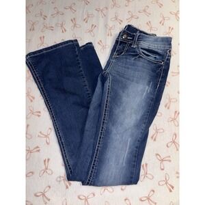 Soundgirl Women's Blue Bootcut Jeans Low Rise Medium Wash Embroidered Studded